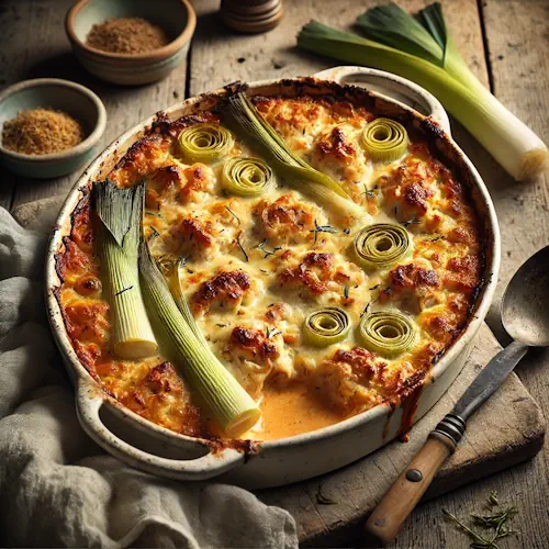 Pittige ovenschotel met kip en prei op rustieke houten tafel