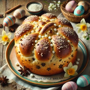 Goudbruin gebakken Romeins paasbrood met witte chocolade en anijs, geserveerd op een gekleurd bord met parelsuiker en poedersuiker op een rustieke houten tafel – perfect voor een feestelijk paasontbijt.