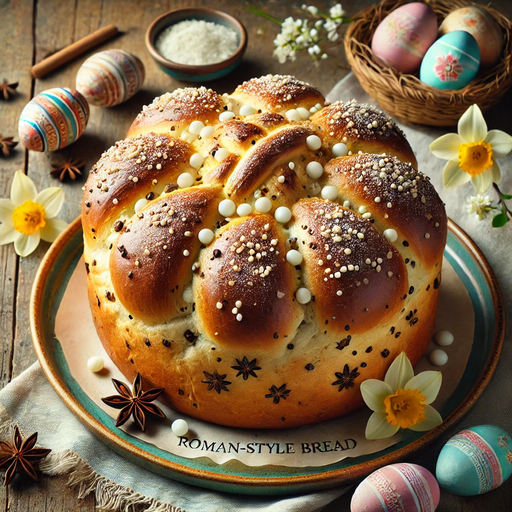 Goudbruin gebakken Romeins paasbrood met witte chocolade en anijs, geserveerd op een gekleurd bord met parelsuiker en poedersuiker op een rustieke houten tafel – perfect voor een feestelijk paasontbijt.