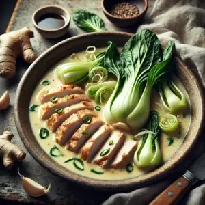 Romige kipfilet met paksoi en gember op een rustieke houten tafel