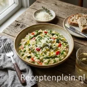 romige groentenrisotto asperges op een rustieke houten tafel.