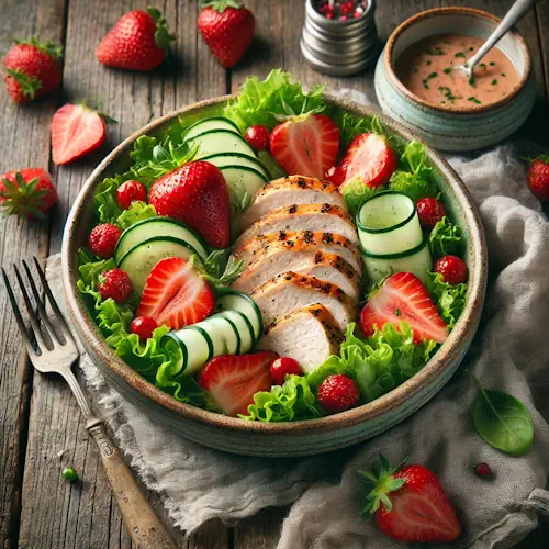 Salade met aardbeien en kip op een rustieke houten tafel