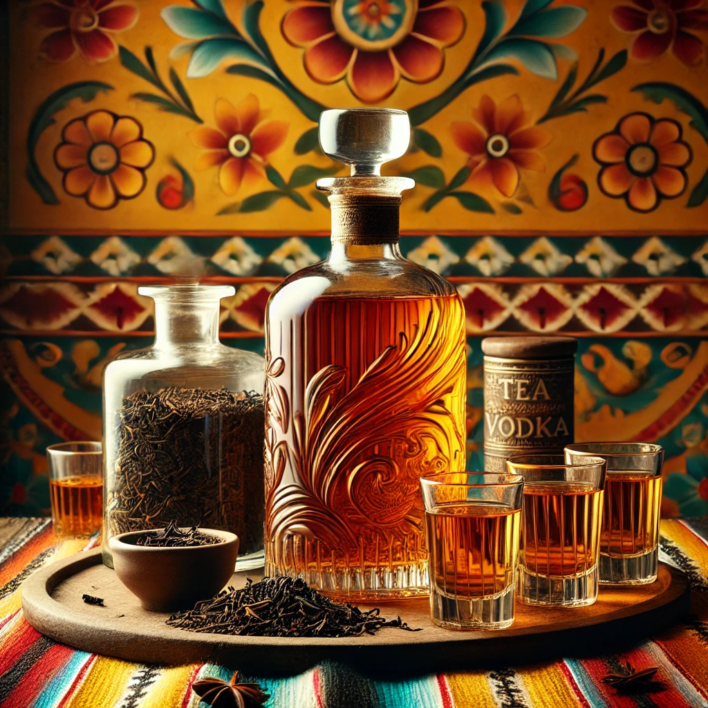 Een elegante presentatie van thee-geïnfuseerde wodka in een glazen karaf met bijpassende kleine glazen, geplaatst op een rustieke houten tray. De wodka heeft een warme amberkleur en is omringd door gedroogde zwarte theebladeren met fruitige accenten, subtiel verspreid over de tray. De warme achtergrond straalt een uitnodigende sfeer uit met levendige kleuren en subtiele decoratieve patronen. 🍸🍃✨