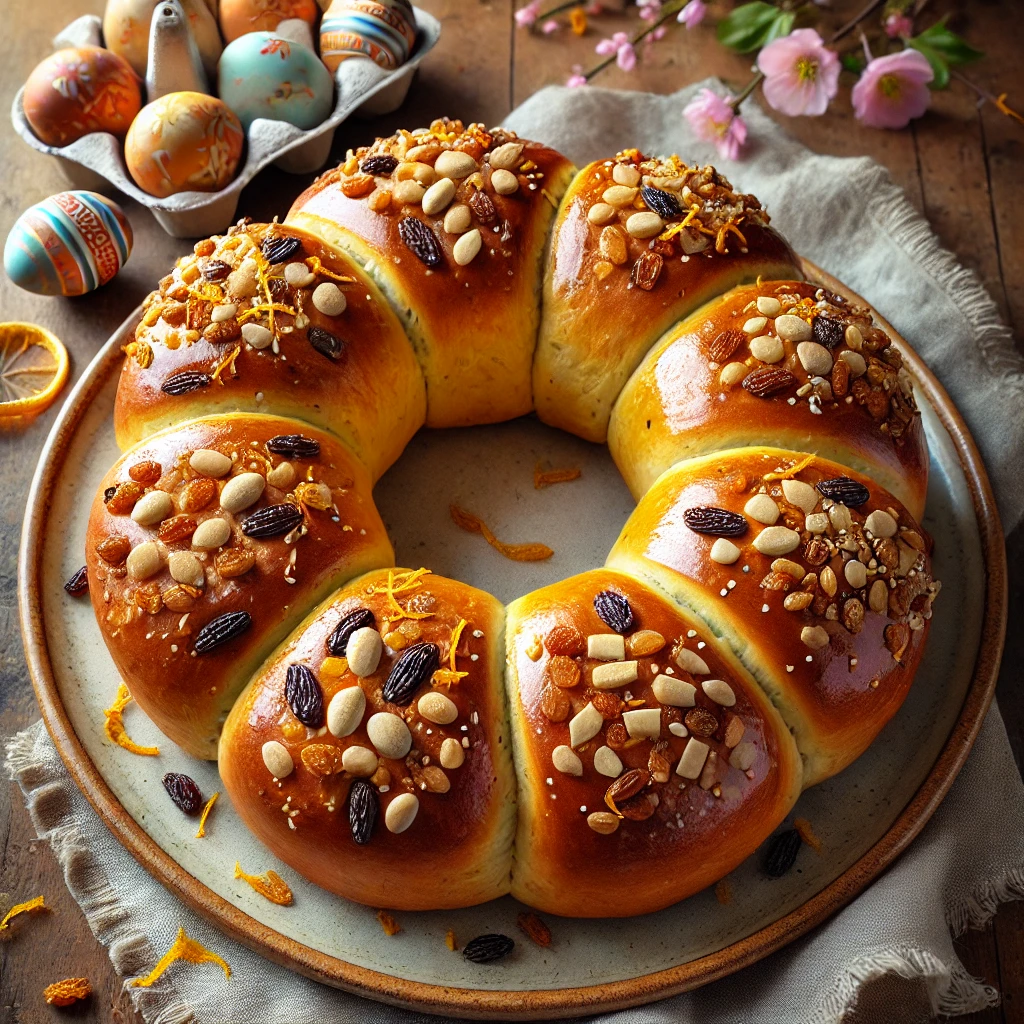 Gouden Venetiaanse paasbroodjeskrans met notenvulling, rozijnen en sinaasappelrasp, geserveerd op een gekleurd bord op een rustieke houten tafel met paasdecoratie
