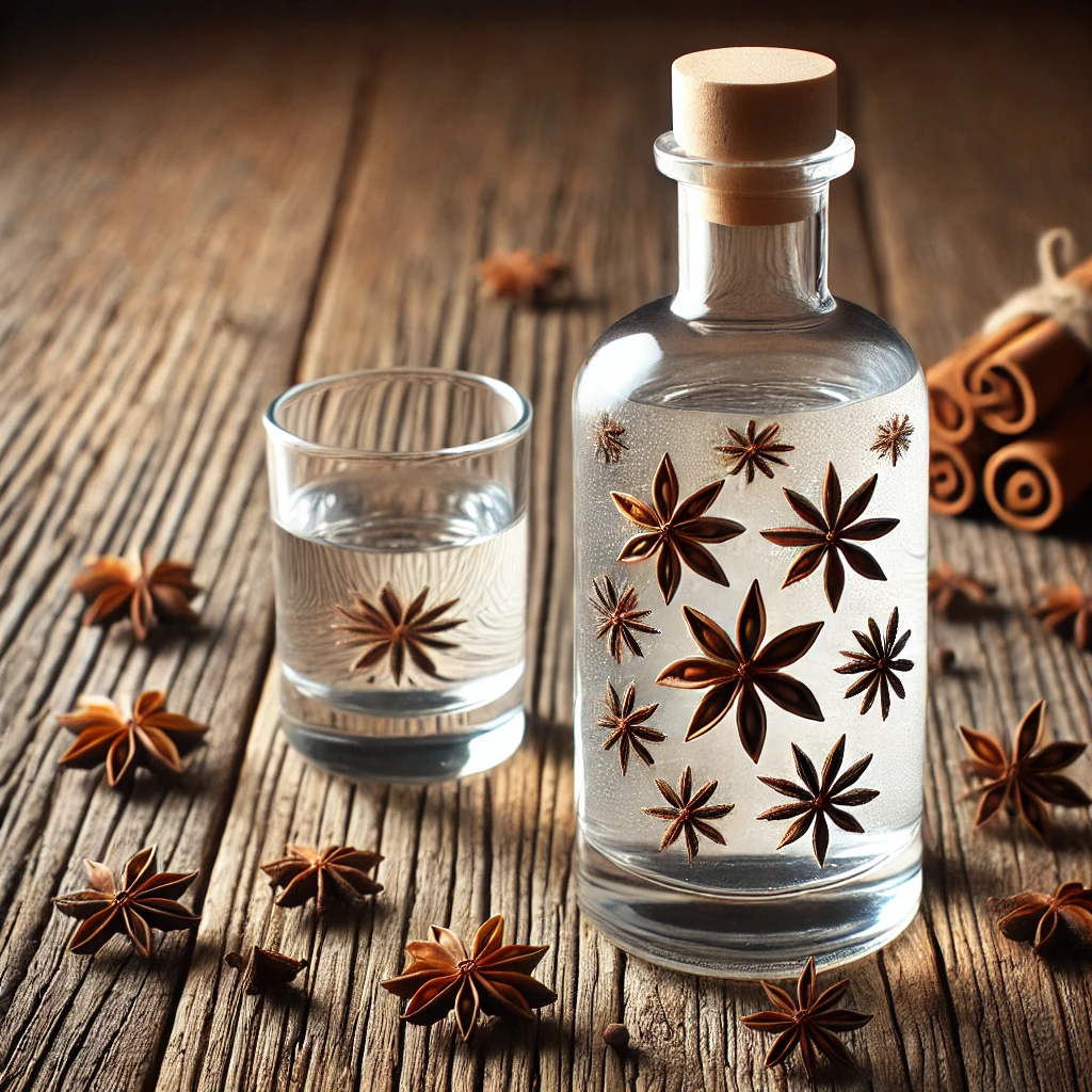 Zelfgemaakte anijswodka in een glazen fles, met een glas wodka ernaast, omringd door verspreide anijszaadjes, gepresenteerd op een rustieke houten tafel in een minimalistische, tekstvrije setting.