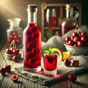 Huisgemaakte kersenwodka in een glazen fles, omringd door verse kersen, met een gevuld glas, gegarneerd met een citroenschil en een muntblaadje, gepresenteerd op een rustieke houten tafel in een warme setting.