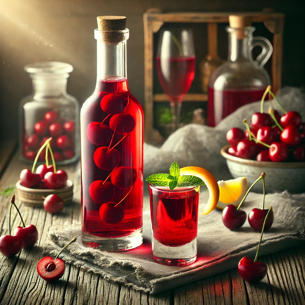 Huisgemaakte kersenwodka in een glazen fles, omringd door verse kersen, met een gevuld glas, gegarneerd met een citroenschil en een muntblaadje, gepresenteerd op een rustieke houten tafel in een warme setting.