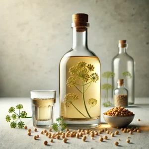 Huisgemaakte korianderwodka in een heldere glazen fles, omringd door losse korianderzaadjes en een gevuld glas, gepresenteerd op een lichte houten tafel in een minimalistische en tekstvrije setting.