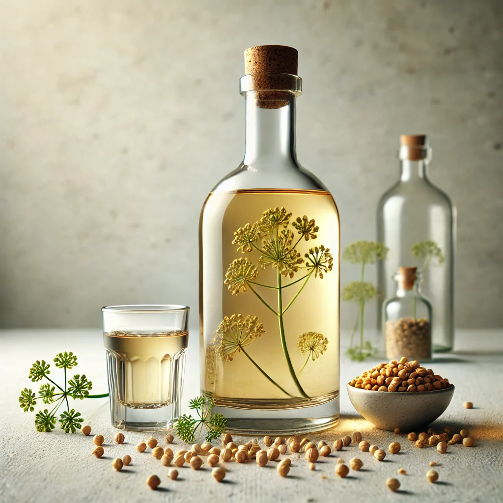 Huisgemaakte korianderwodka in een heldere glazen fles, omringd door losse korianderzaadjes en een gevuld glas, gepresenteerd op een lichte houten tafel in een minimalistische en tekstvrije setting.