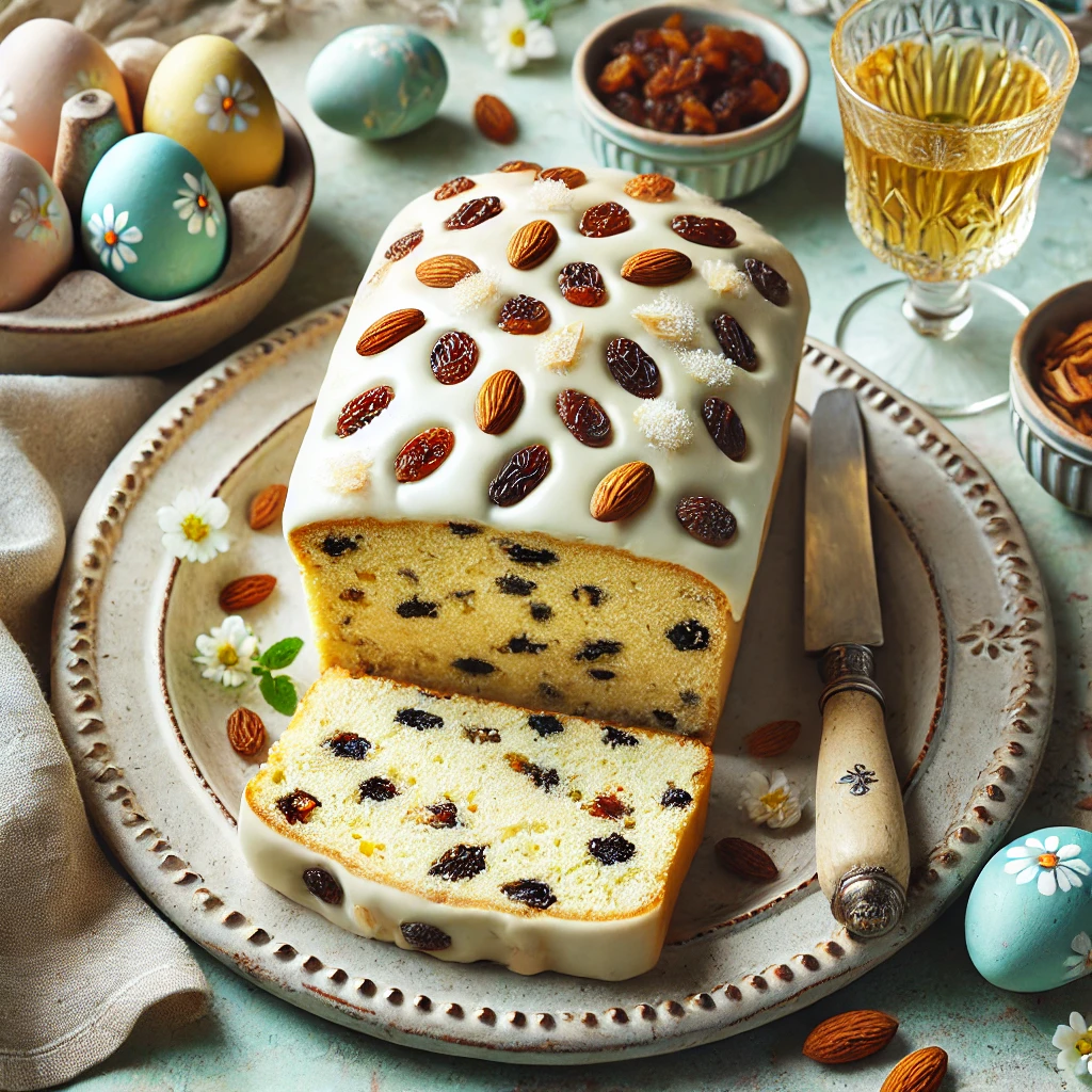 omige Russische paskha met cottage cheese, rozijnen en citroenrasp, geserveerd in plakken op een feestelijk bord met amandelen en paastafeldecoratie