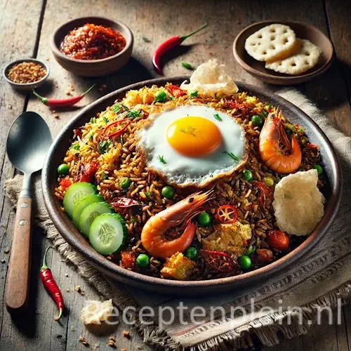 Hyper-realistische foodfoto van authentieke Indische nasi goreng op een rustieke houten tafel. Donker goudbruine gebakken rijst met stukjes kip, garnalen, groenten en ei, geserveerd op een handgemaakt keramisch bord en getopt met een spiegelei met knapperige rand. Gegarneerd met rode chili, lente-ui, kroepoek en komkommerschijfjes. Op de achtergrond staan een kommetje sambal, bestek en een batikdoek, warm tropisch belicht met een ambachtelijke streetfood uitstraling.
