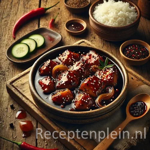 Natuurgetrouwe foodfoto van ayam ketjap geserveerd in een ondiepe keramische kom op een rustieke houten tafel. Malse kipstukken liggen in een donkere, stroperige ketjapsaus met gekaramelliseerde uien en sesamzaadjes. De saus glanst licht en verzamelt zich onderin de schaal. Rondom staan een kom witte rijst, plakjes komkommer, rode peper en een houten lepel met sausresten. Gefotografeerd in warm avondlicht met subtiele sausdruppels en een authentieke, huiselijke uitstraling.
