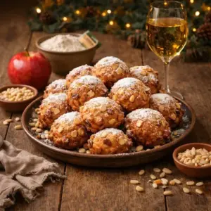 Frittellini, Italiaanse oliebollen met appel en pijnboompitten, goudbruin gefrituurd en bestrooid met poedersuiker, geserveerd op een rustieke houten tafel met bijpassende ingrediënten en een glas wijn in warme Oud & Nieuw-sfeer
