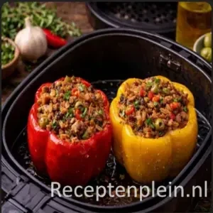 Rode en gele paprika’s gevuld met een kruidig tonijnmengsel met olijven, knoflook, ui, rode peper en oregano, bereid in de airfryer en geserveerd in een zwarte ovenschaal op een rustieke houten tafel.