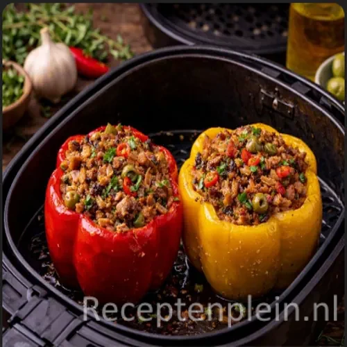 Rode en gele paprika’s gevuld met een kruidig tonijnmengsel met olijven, knoflook, ui, rode peper en oregano, bereid in de airfryer en geserveerd in een zwarte ovenschaal op een rustieke houten tafel.