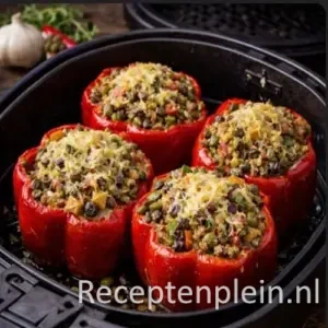 Vier rode paprika’s gevuld met een kruidig mengsel van tonijn, groene pesto, olijven, kappertjes, ansjovis, knoflook en gesmolten 30+ kaas, bereid in de airfryer en geserveerd in een zwarte ovenschaal op een rustieke houten tafel.