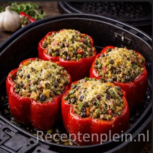 Vier rode paprika’s gevuld met een kruidig mengsel van tonijn, groene pesto, olijven, kappertjes, ansjovis, knoflook en gesmolten 30+ kaas, bereid in de airfryer en geserveerd in een zwarte ovenschaal op een rustieke houten tafel.