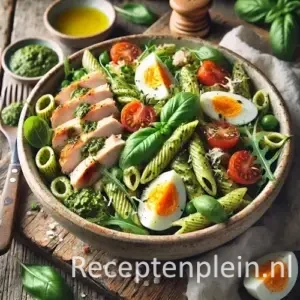 Pastapesto salade met gerookte kip en ei op een rustieke houten tafel