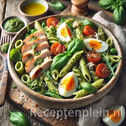 Pastapesto salade met gerookte kip en ei op een rustieke houten tafel