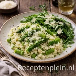 Risotto met groene asperges op een rustieke houten tafel.