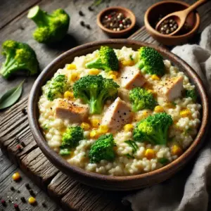 Risotto met kip, broccoli en maïs op een rustieke houten tafel