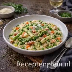 Risotto met zomergroenten op rustieke houten tafel
