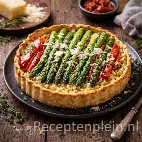 Risottotaart met groene asperges en geroosterde paprika's op rustieke houten tafel