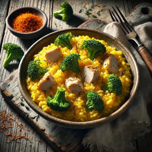Saffraanrisotto met kip en broccoli op een rustieke houten tafel