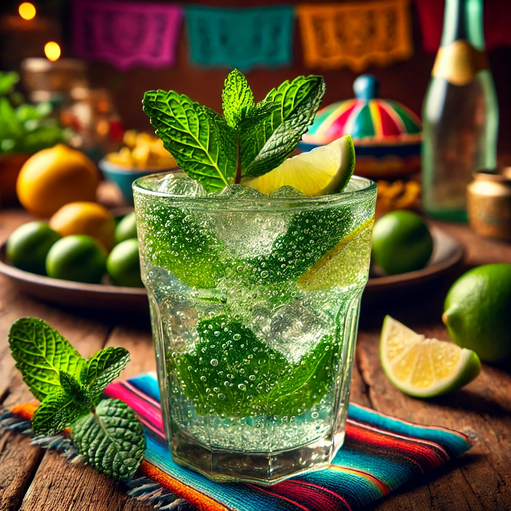 Een verfrissende alcoholvrije muntcocktail, geserveerd in een hoog glas op een rustieke houten tafel. De drank heeft een frisse groene tint, gevuld met ijsblokjes en bruisende bubbels van tonic en bronwater. Het glas is gegarneerd met verse muntblaadjes en een schijfje citroen. De setting is aangekleed met verspreide muntblaadjes, limoenschijfjes, decoratieve patronen en warm sfeervol licht. 🍋🥤✨
