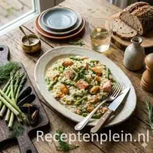 Zalm- en Mosselrisotto op Ambachtelijke Schaal op een rustieke houten tafel.