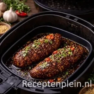 Twee sappig gebakken Oosterse varkenshaasjes uit de Airfryer in een stroperige marinade, aangesneden in tranches.