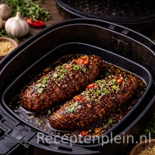 Twee sappig gebakken Oosterse varkenshaasjes uit de Airfryer in een stroperige marinade, aangesneden in tranches.