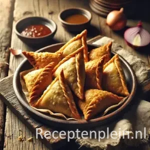 Afghaanse samosa's met gehaktvulling op een rustieke houten tafel
