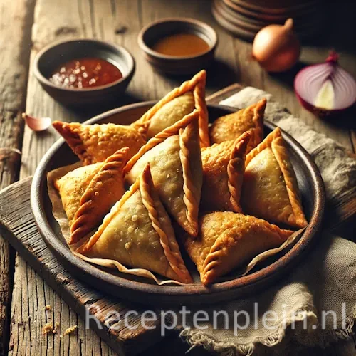 Afghaanse samosa's met gehaktvulling op een rustieke houten tafel