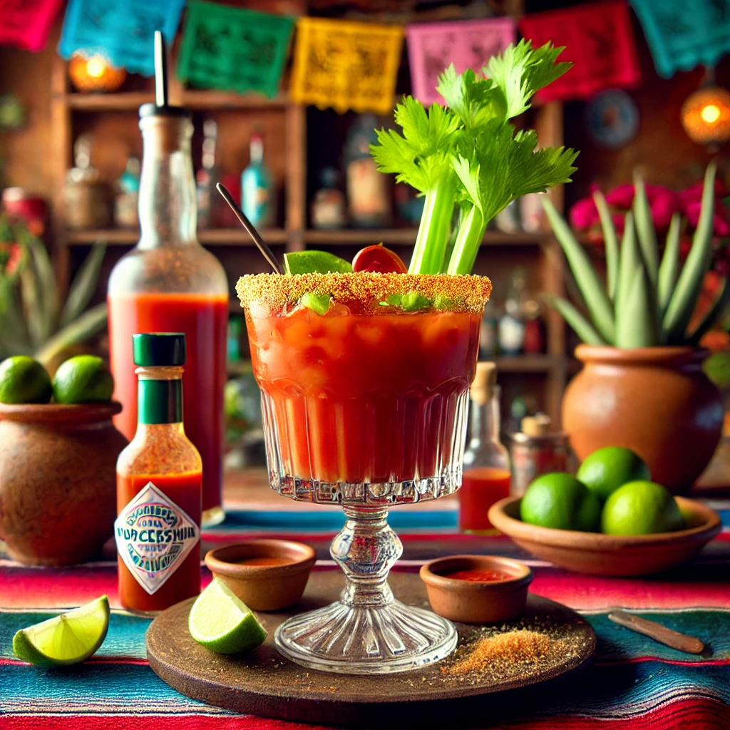 Een levendige cocktail genaamd 'Bloody Mary', bereid met tequila, tomatensap, Worcestershire-saus, Tabasco, selderijzout en gegarneerd met een stengel bleekselderij. De cocktail wordt geserveerd in een cocktailglas met een gezouten rand, gemaakt door de glasrand in citroensap en zout te dopen. De tafel is gedecoreerd met kleurrijke Mexicaanse textiel, een kleine kleikom met verse limoenen en feestelijke accenten. De achtergrond toont een levendige Mexicaanse setting met rustieke houten accenten, terracottategels en warm natuurlijk licht. Er zijn geen teksten of etiketten zichtbaar op glazen, flessen of oppervlakken.