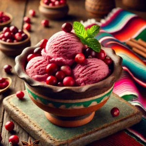 Een sfeervolle presentatie van cranberry-ijs, geserveerd in een rustieke keramische kom. Het ijs heeft een levendige roze-rode kleur en is gegarneerd met verse cranberry's en een muntblaadje. De setting bevat kleurrijke Mexicaanse textielpatronen, verspreide cranberry's en warme sfeerverlichting. 🍨✨🍒