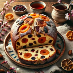 Gevuld paasbrood met spijs, krenten, abrikozen en pruimen, doorgesneden op een gekleurd bord met poedersuiker op een rustieke houten tafel tussen lentebloemen