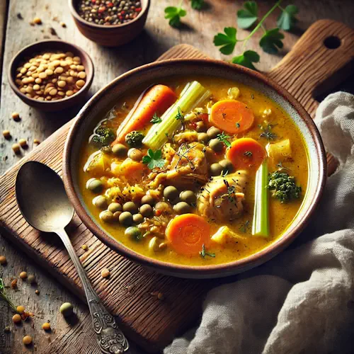 Indiase Mulligatawny Soep met Groenten en Kip op rustieke houten tafel
