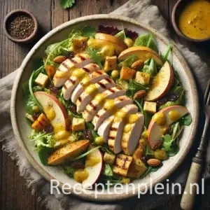 Kerriesalade met geroosterde kipfilet op rustieke houten tafel