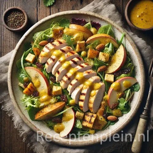 Kerriesalade met geroosterde kipfilet op rustieke houten tafel