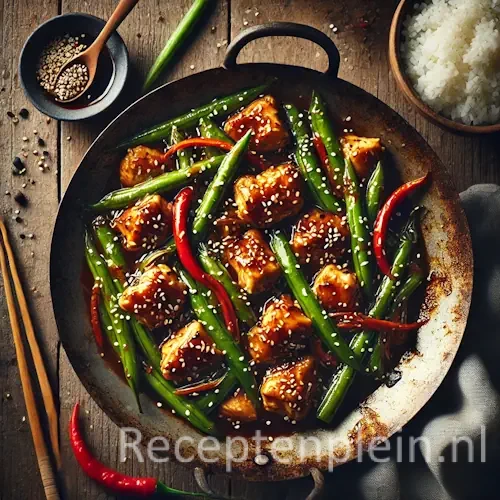 Kip in ketjapsaus met sperziebonen en rode paprika op rustieke houten tafel