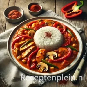 Kip picasso met rijst op rustieke houten tafel