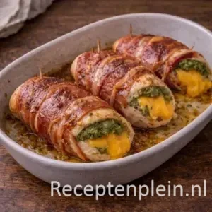 Een bord met gevulde kipfilet omwikkeld met serranoham, geserveerd met geroosterde aardappeltjes en groene groenten op een houten tafel.