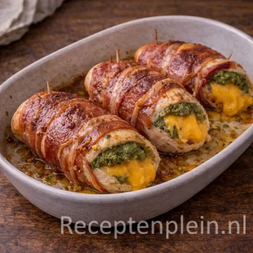 Een bord met gevulde kipfilet omwikkeld met serranoham, geserveerd met geroosterde aardappeltjes en groene groenten op een houten tafel.