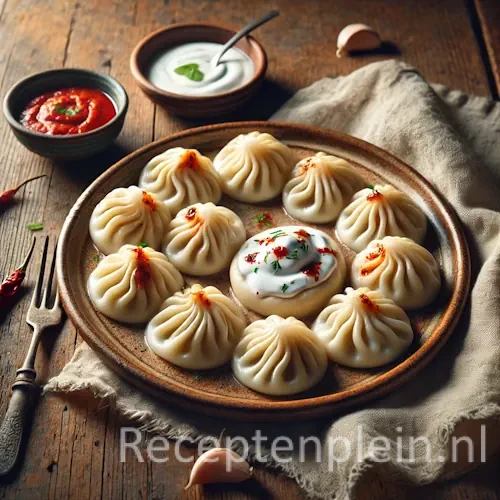 Mantu Afghaanse gestoomde deegpakketjes met gehakt op een rustieke houten tafel