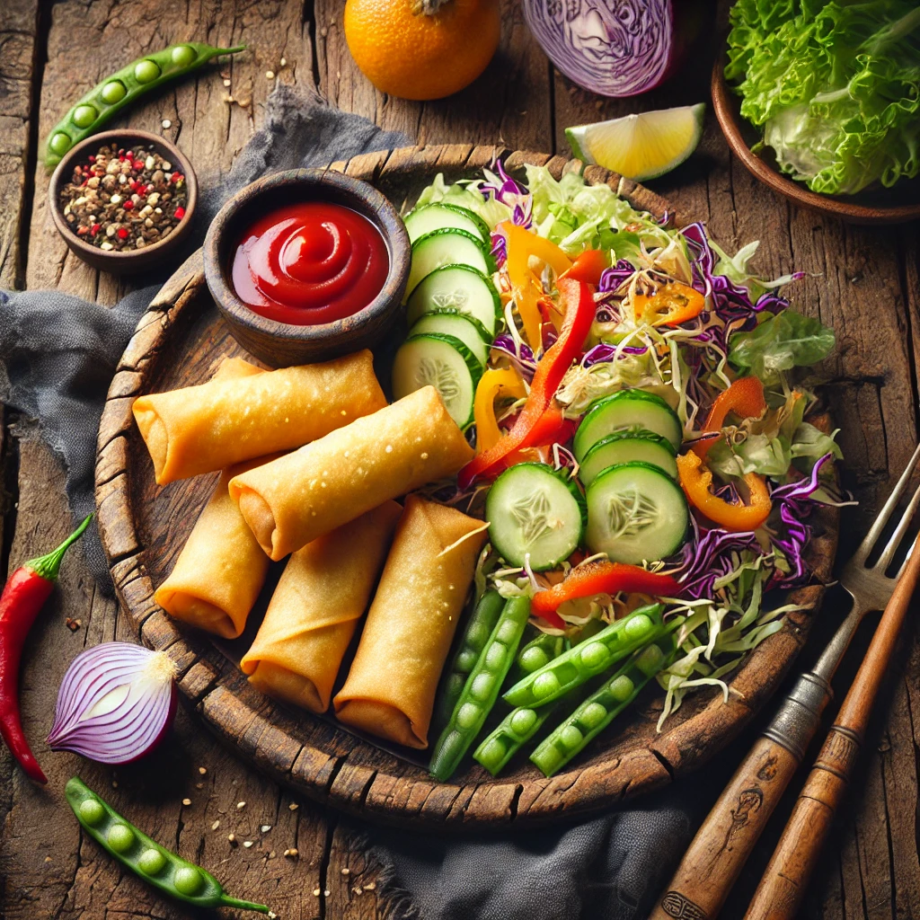 Een rustieke oude houten tafel met een bord knapperige mini-loempia’s, geserveerd naast een kleurrijke salade van Chinese kool, komkommer, rode paprika, rode ui, taugé en haricots verts. Een klein bakje tomatenketchup staat ernaast als dipsaus.