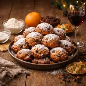 Oliebollen met krenten, rozijnen, sukade en oranjesnippers, goudbruin gefrituurd en bestrooid met poedersuiker, geserveerd op een oude houten tafel met bijpassende ingrediënten en een glas wijn in warme Oud & Nieuw-sfeer