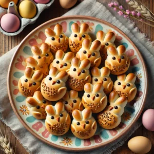 Palmpaashanen van brooddeeg met anijszaad, goudbruin en speels gevormd, op een gekleurd bord met paasdecoratie op een rustieke houten tafel