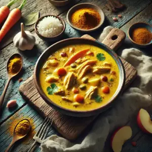 Romige kip mulligatawny soep op een rustieke houten tafel