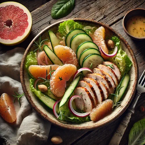 Salade met gerookte kip en pomelo op een rustieke houten tafel